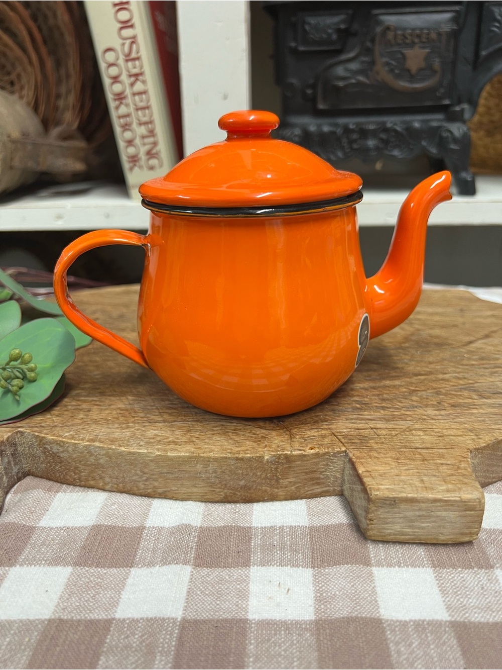 Vintage enamel teapot orange and black small one serving retro